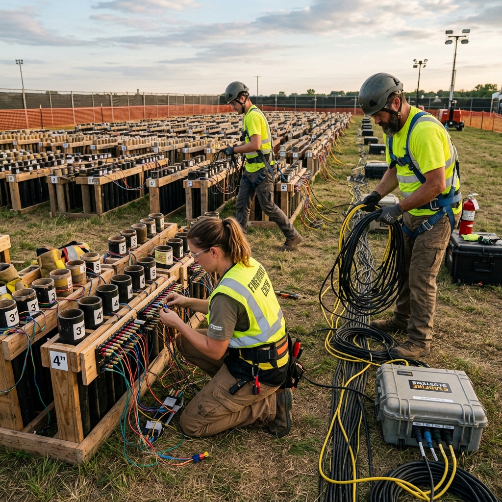 Two V.Lebrilla Fireworks crew members wiring firing racks and cables on site before an evening show