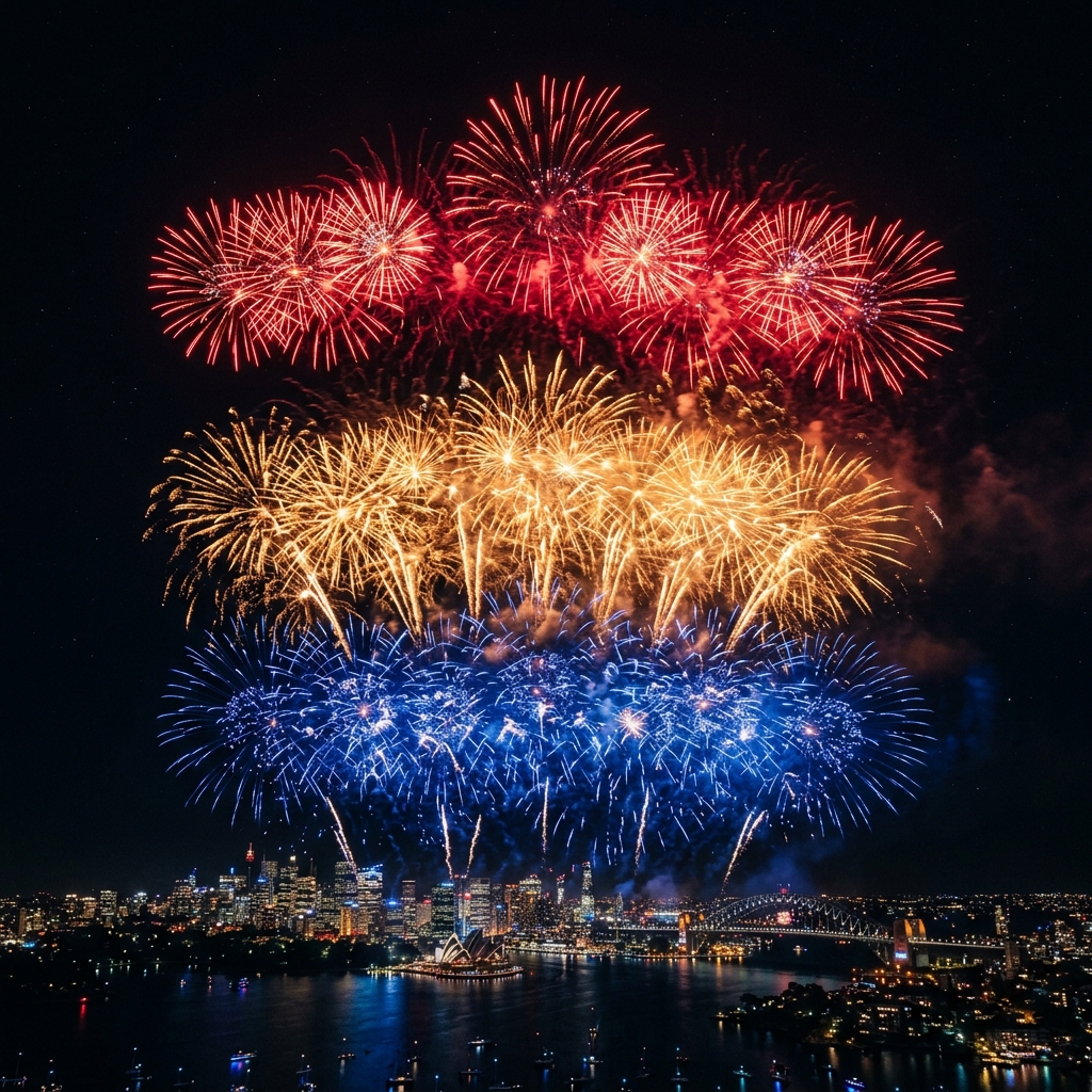 Aerial fireworks bursting in layers of red, gold, and blue against the night sky