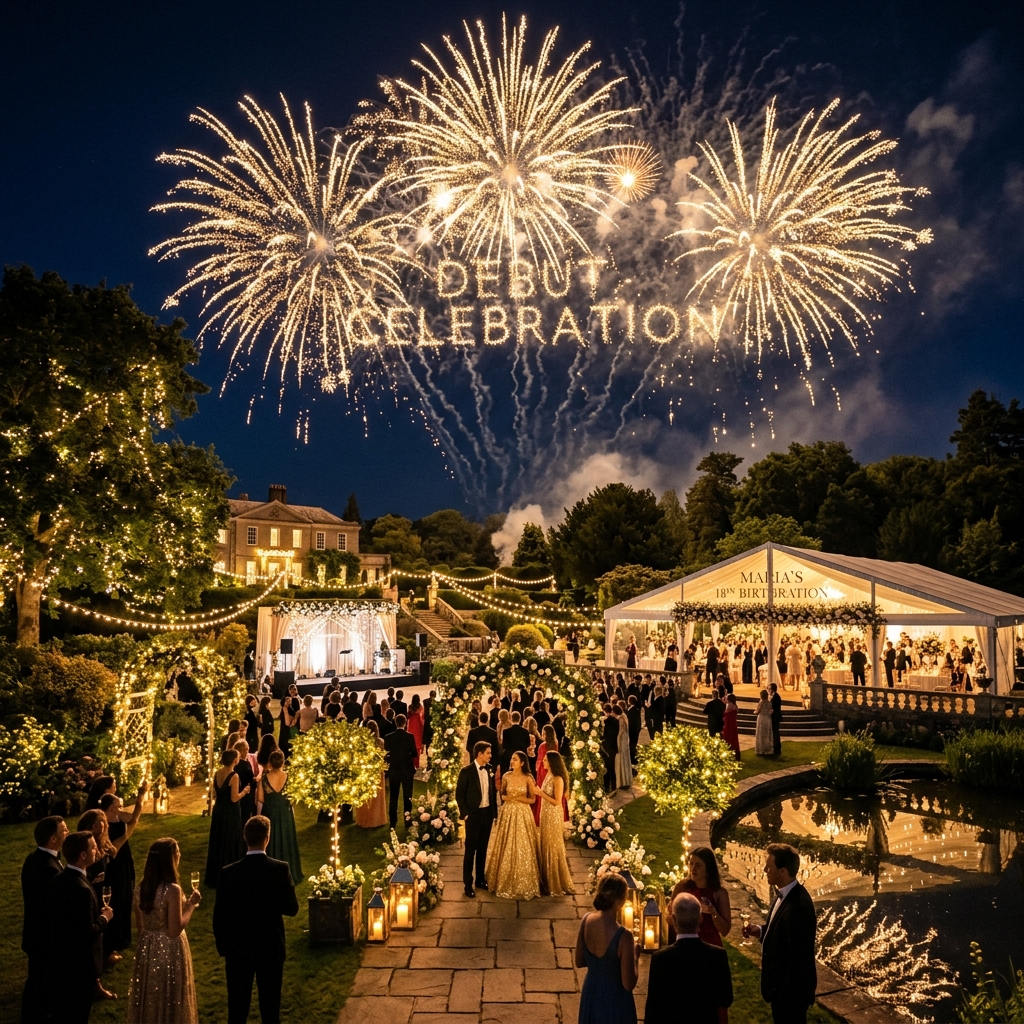 Golden fireworks bursting in the night sky above an evening garden celebration