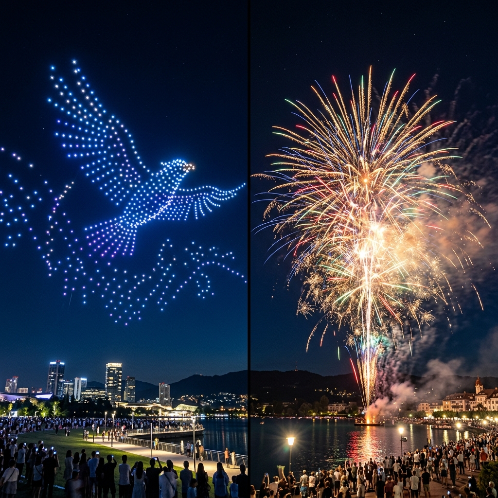 Aerial fireworks bursting in bright color over a night sky during a live professional display