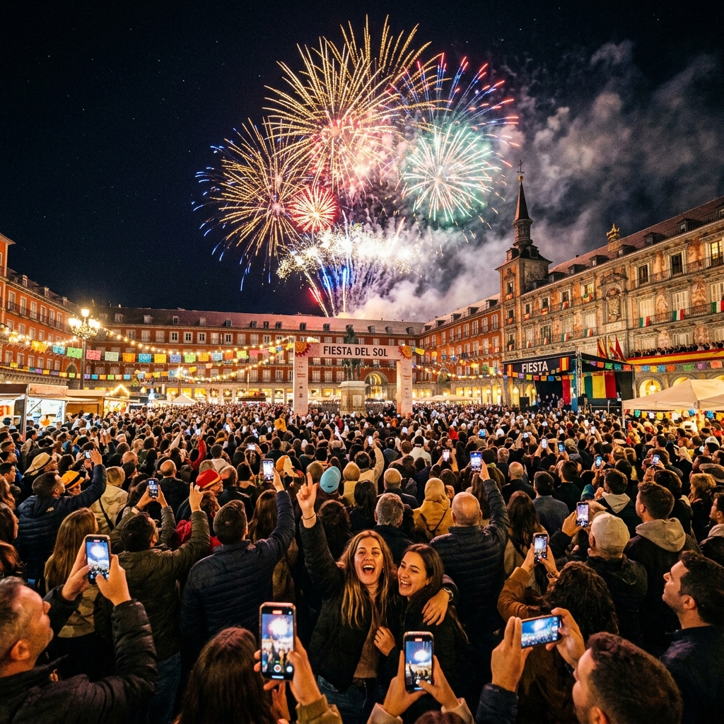 A wide crowd watching a fiesta fireworks display