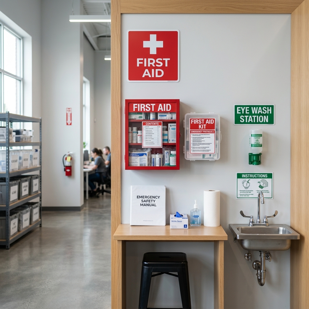 A calm, well-lit work area with safety equipment