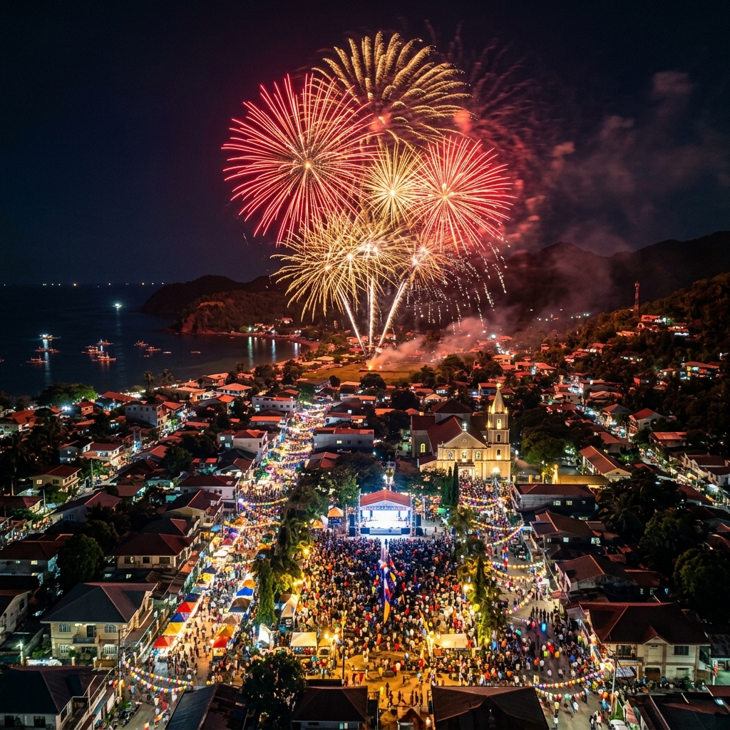 Aerial fireworks bursting in red and gold over a nighttime community celebration in the Philippines