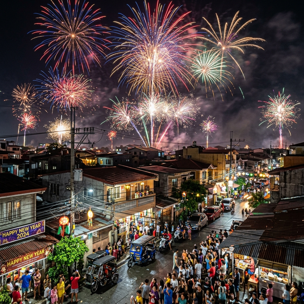 Colorful fireworks bursting over a Philippine neighborhood at New Year