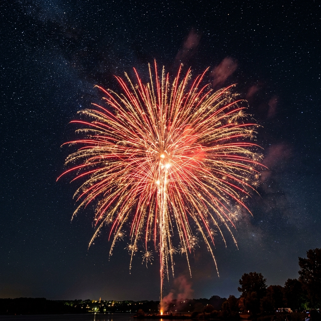 A crisp photograph of a red and gold fireworks burst