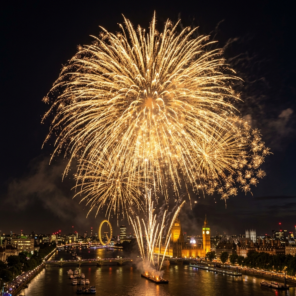 A large golden fireworks burst filling the night sky