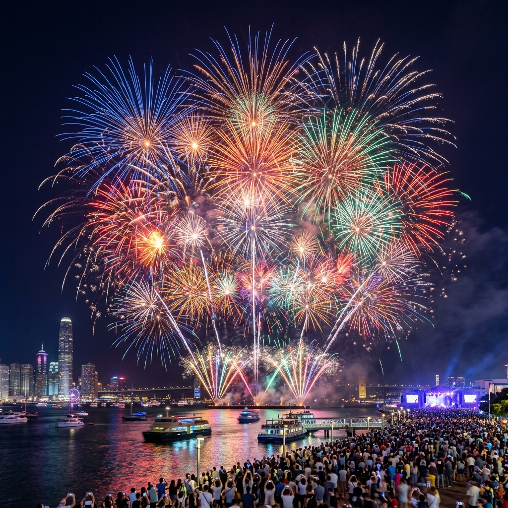 A multi-color pyromusical burst at its musical peak