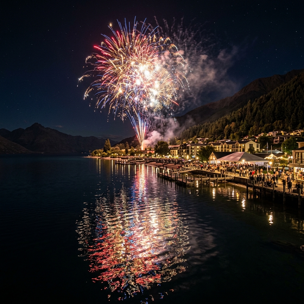 Fireworks reflected over water at a lakeside venue