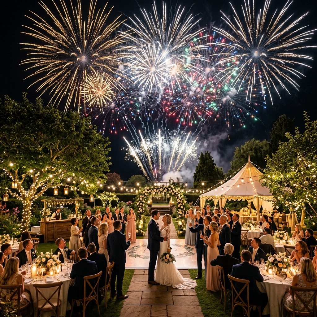 Fireworks lighting the sky above a garden wedding reception